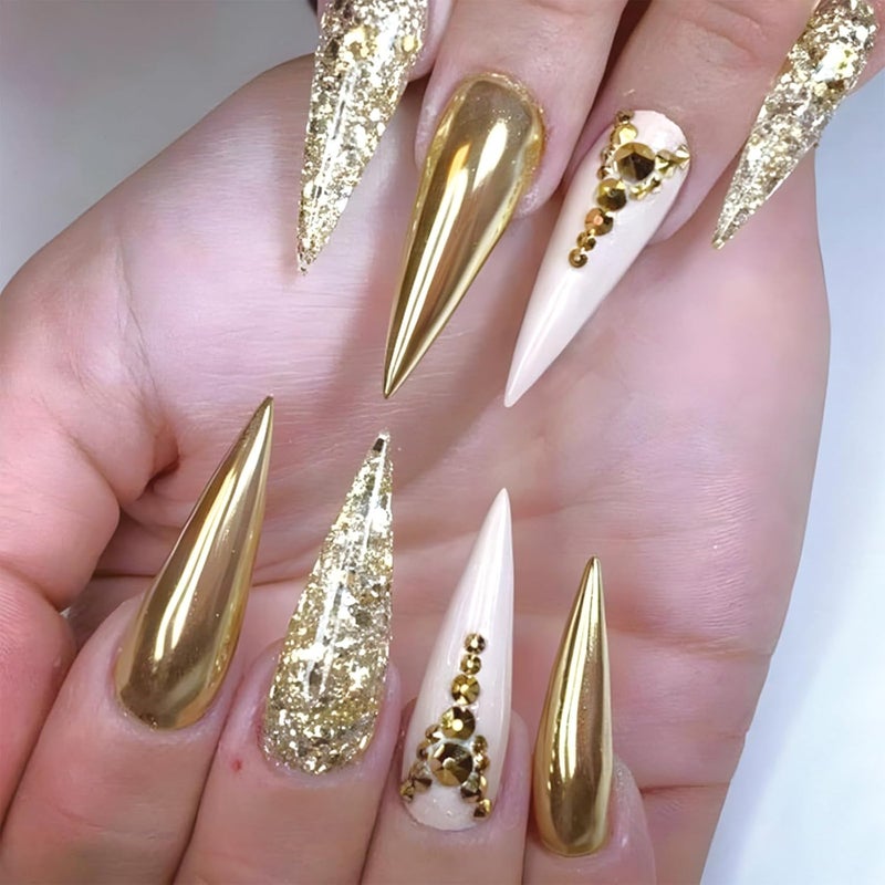 SINHOT Press on Nails Long Stiletto Fake Nails Luxury Rhinestones Acrylic Nails Glossy Glue on Nail Gold Glitter Almond Artificial Stick on False Nail with Design 24 pcs - Image 1